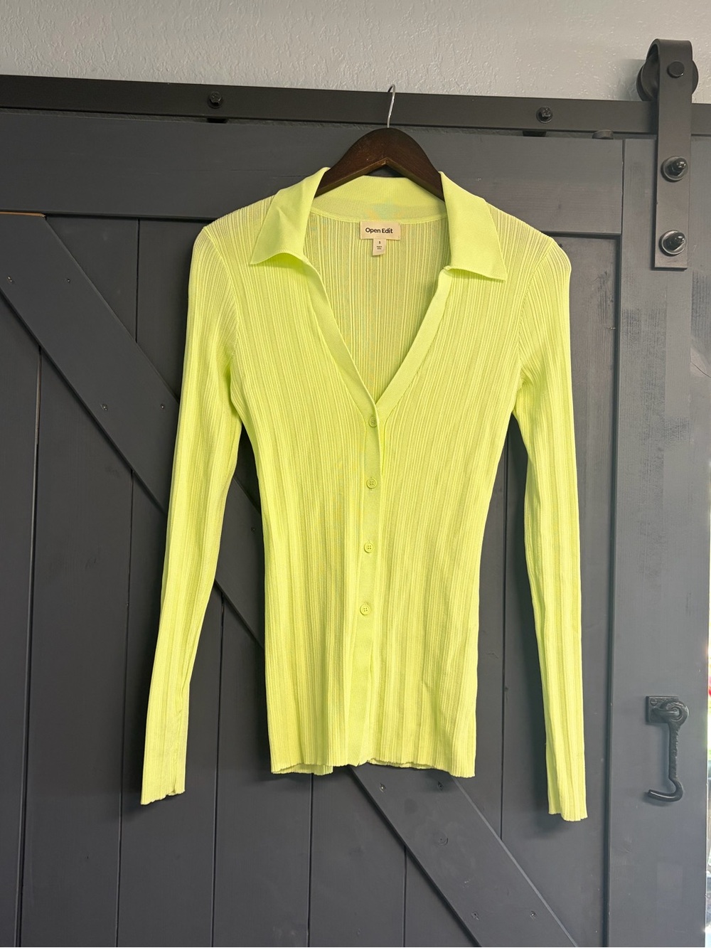 Open Edit Neon Lime Ribbed Button-Down Shirt